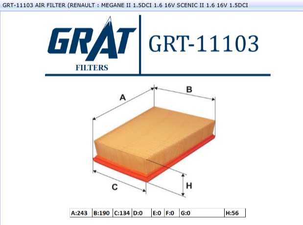 FILTRE A AIR MGA II 1.5 DCI 1.6 16V SCENICII 1.6 16V 1.5 DCI P421 — GRT-11103
