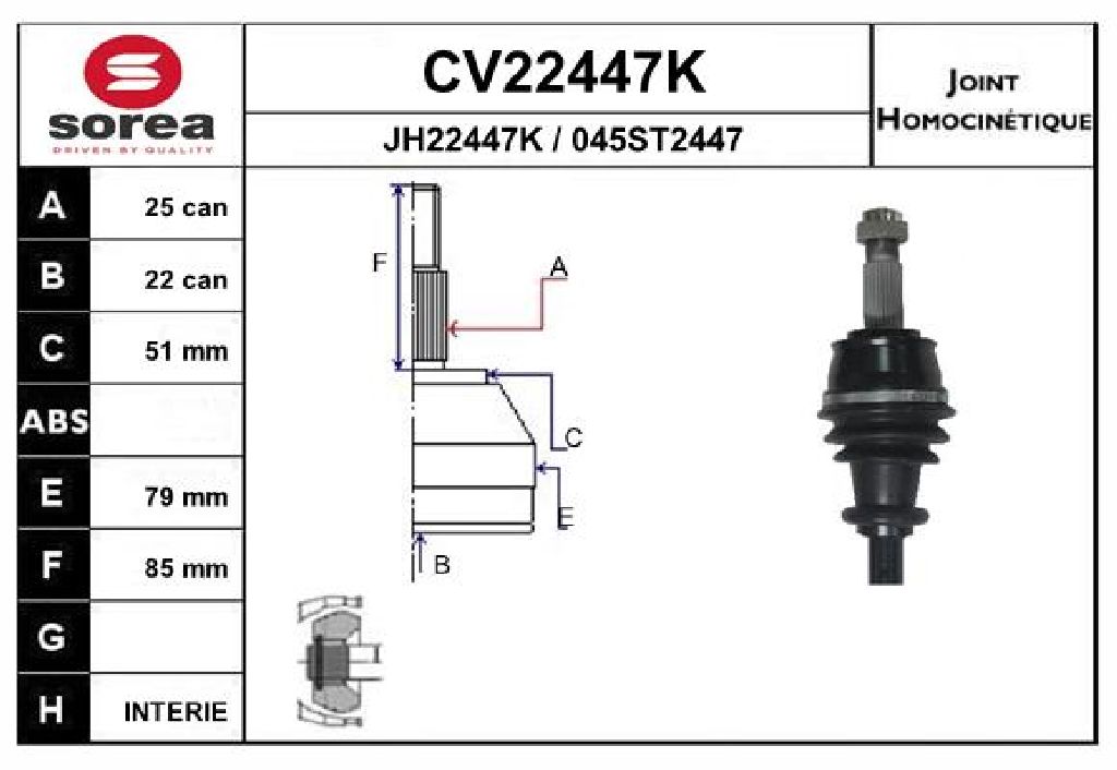 TETE CARDAN PSA BIPPER NEMO FIAT 500 PUNTO 1.4 HDI CV22447K CR25 CB22 — MGA-70308