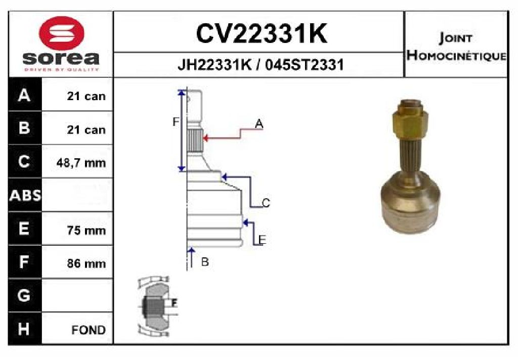 TETE CARDAN PSA C2 C3 208 1007 301 1.4E 1.4HDI CV22331K CR21 CB21 — MGA-70315